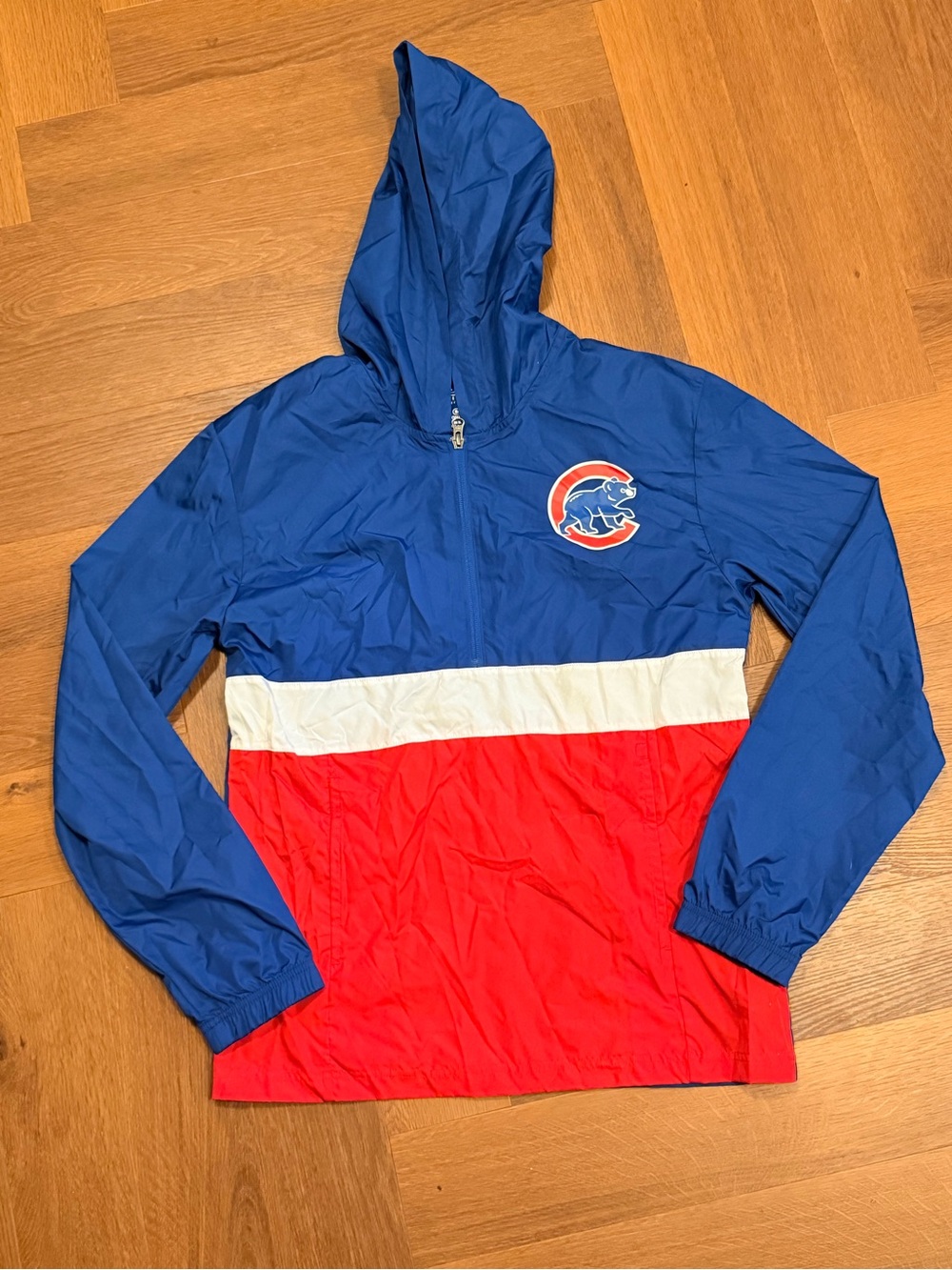 Chicago Cubs Hooded Windbreaker Jacket Blue Red MLB Pullover Size Small